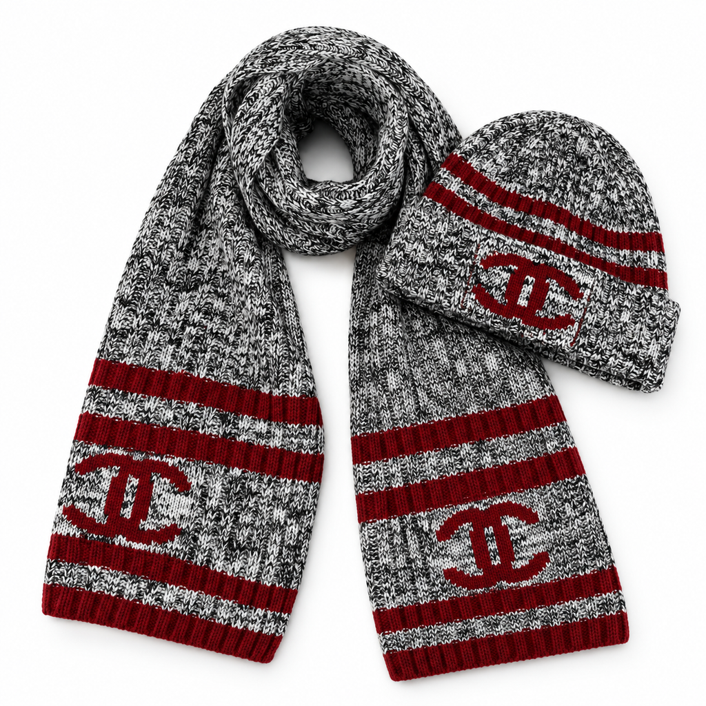 Chanel Style Marled Knit Scarf and Beanie Set