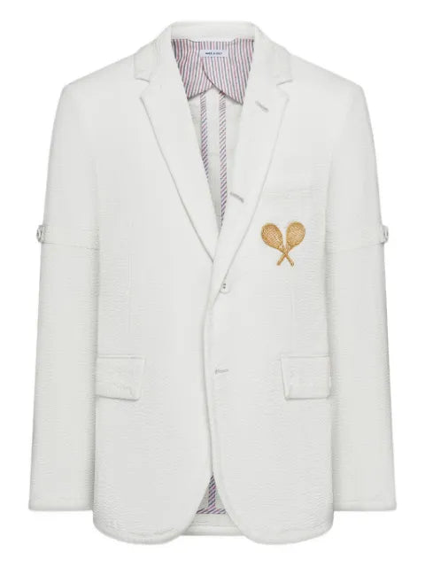 Thom Browne wool seersucker tennis embroidery sportcoat with armbands