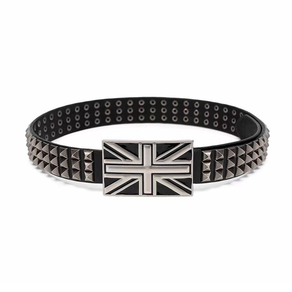 REBEL WAVE 26ss Union Flag Metal Pyramid Studded Cowhide Belt Punk