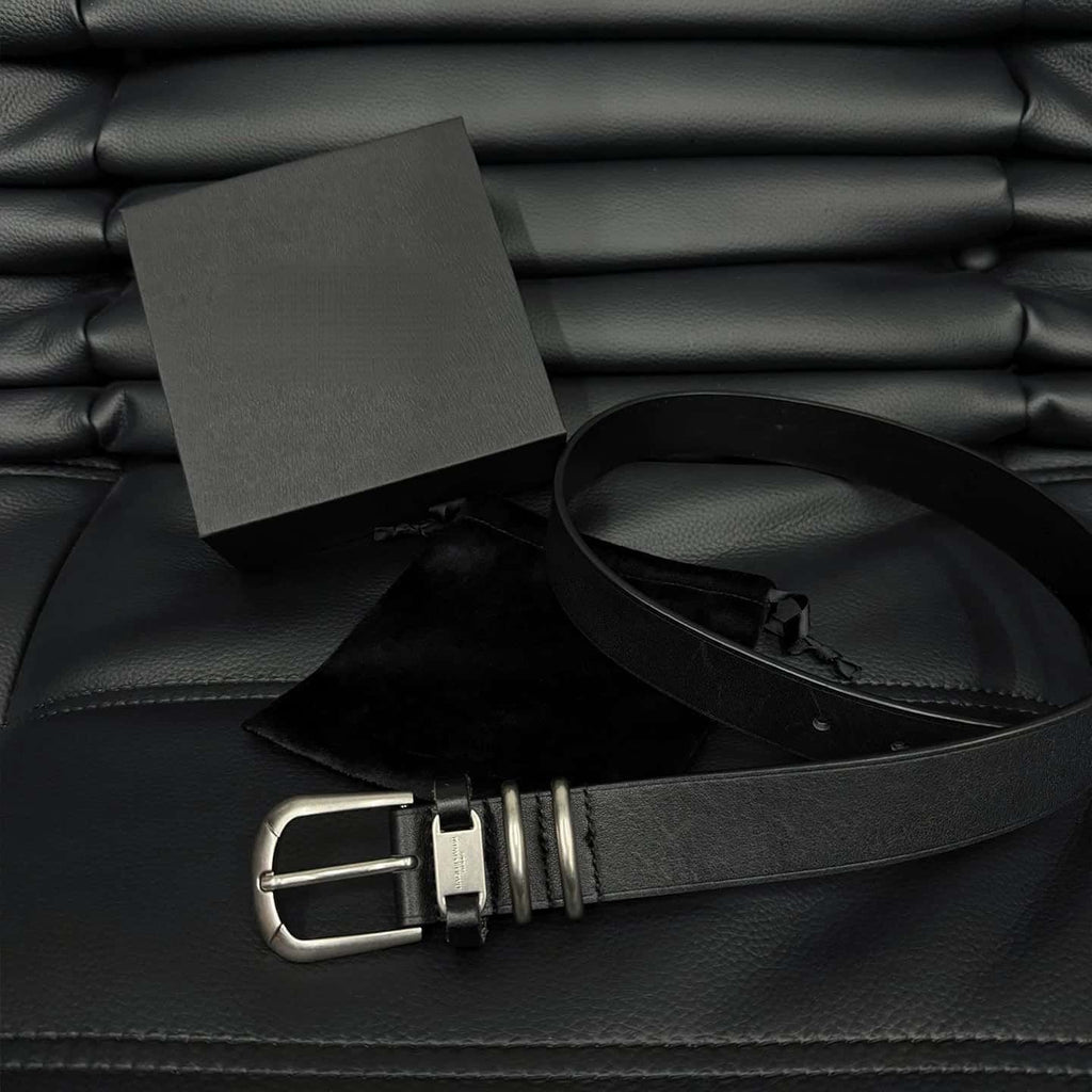 Dual Ring Tag Leather Belt Vegetable Tanned Black Waist Belt