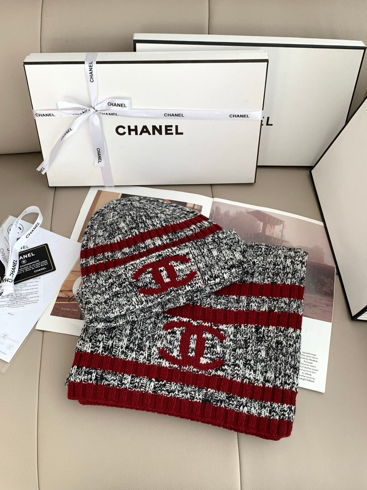 Chanel Style Marled Knit Scarf and Beanie Set