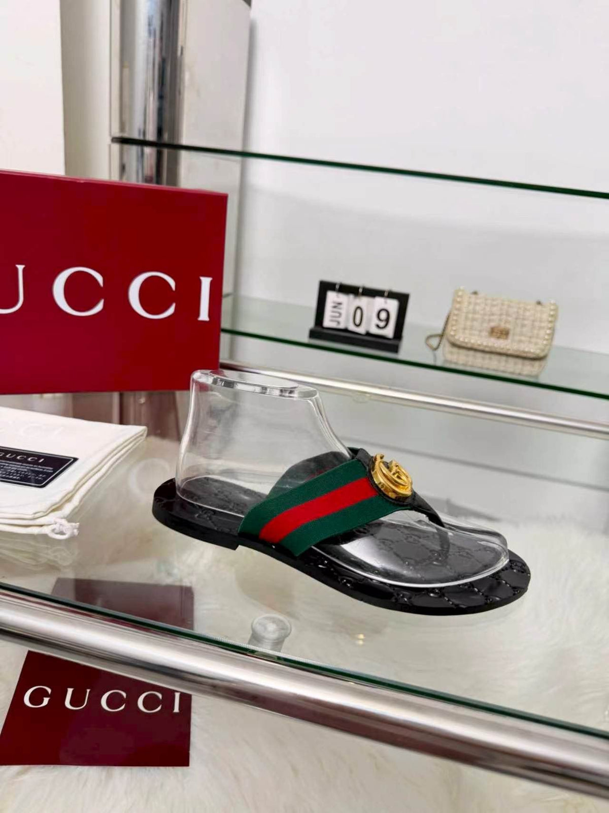 Gucci Green-Red Strap Thong Sandals